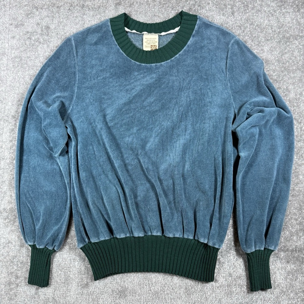 Vintage Sears Fashion Place Velour Shirt Women's Medium Blue Long Sleeve Cuffs